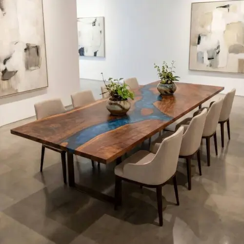 Walnut river table with cerulean blue epoxy resin