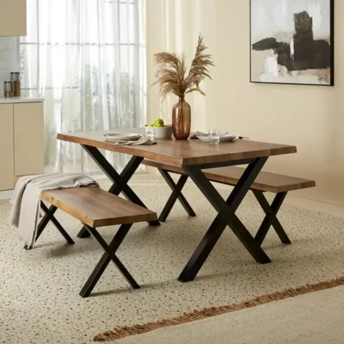 Franch 6 Seater Dining Bench Set - Solid Wood Dining Table