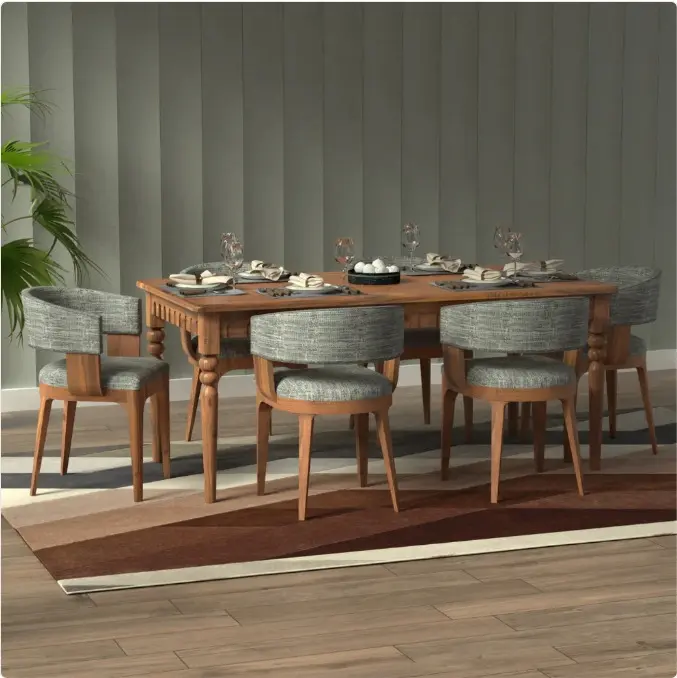 Aviral Wooden Dining Table Set 6 Seater (Medium Teak) - Solid Wood Dining Table