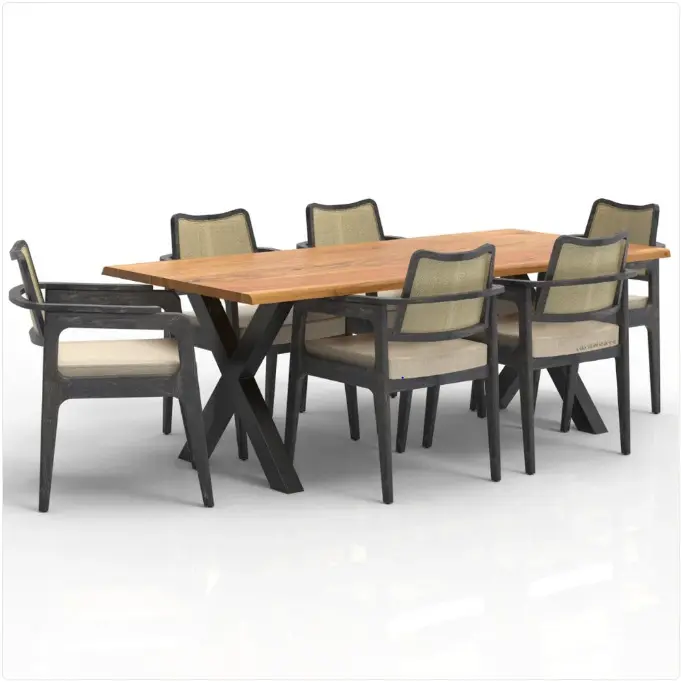 Shaysa Wooden Dining Table Set 6 Seater in Live Edge (Natural and Black Texture) - Solid Wood Dining Table