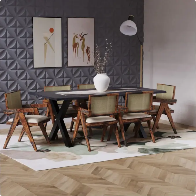 Koenka Wooden Dining Table Set 6 Seater in Live Edge (Medium Teak) - Solid Wood Dining Table
