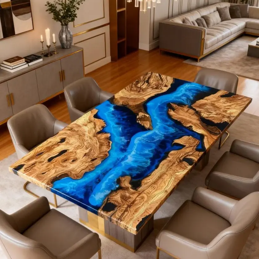 Olive Wood Epoxy Resin River Table Cobalt to Turquoise Resin