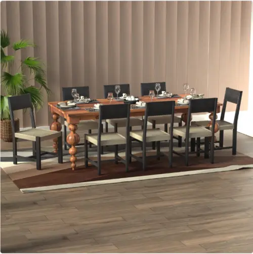 Puria Wooden Dining Table Set 8 Seater with Woven Seats