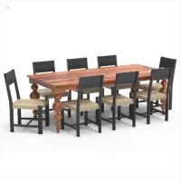 Puria Wooden Dining Table Set 8 Seater with woven seats (Medium Teak and Black Texture) - Solid Wood Dining Table