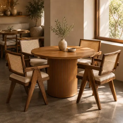 Round Walnut Wood Fluted Pedestal Dining Table - Solid Wood Dining Table
