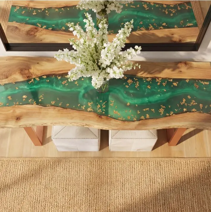 Seafoam Current Poplar Wood Console Epoxy Table