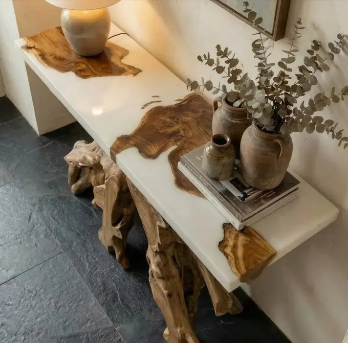 Alabaster Meander Walnut Wood Console Epoxy Table