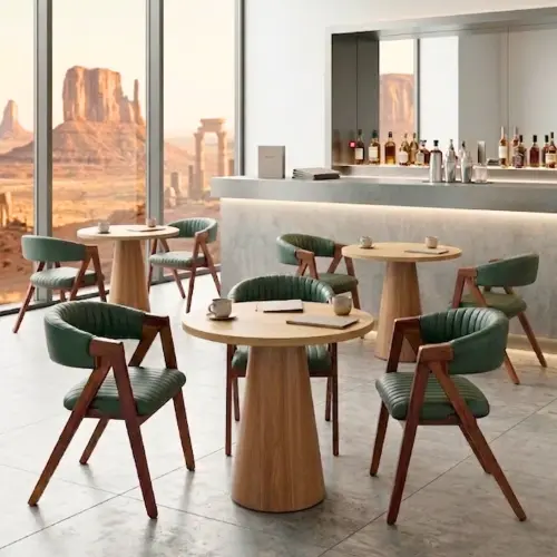 Retro Wooden Café Table with Ribbed Pedestal - Solid Wood Dining Table